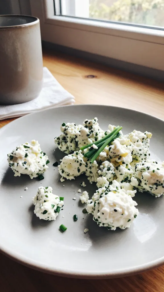 A close-up, natural photo of a rustic breakfast scene featuring a small, imperfect serving of savory herb goat cheese cottage cheese bites plated on a plain ceramic dish. The plate sits on a light wooden table by a windowsill, with soft, natural morning light streaming in. Include a few crumbles of goat cheese, fluffy cottage cheese with visible herbs (chives and parsley), and a couple of freshly torn chives scattered for color. The scene should feel casual and unposed: a half-crumbled napkin, a chipped mug in the background, and a subtle fingerprint on the camera lens for realism. Slightly overexposed highlights around the cheese, gentle lens flare from the window, minor motion blur from a casual hand placement, and a grainy texture that varies with the light. Horizon slightly tilted, no staged props, no text, shot quickly in an iPhone-like manner, with a compressed 1080p quality look. Subtle post-processing hints: modest sharpening and a slight color flattening to mimic a quick smartphone edit, but overall still natural and authentic.