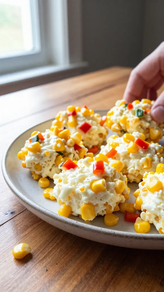 A real, authentic photo of Cheesy Corn & Pepper Egg Bites featuring a close-up view of a small plate or serving dish filled with fluffy cottage cheese-based bites, dotted with sweet corn kernels and tiny diced bell peppers for color, arranged casually on a rustic wooden table. Natural window light from the left creates gentle shadows and a warm, homey vibe. The scene includes a few bites on a chipped ceramic plate, with some corn kernels and pepper pieces scattered nearby for a lived-in feel. Slight overexposed highlights on the glossy cottage cheese surface, subtle lens flare from the window, and a faint, natural grain giving a 1080p-like, snapshot quality. The horizon tilts slightly and there's a slight motion blur on a nearby hand reaching for a bite, conveying a “taken in a hurry” moment. No staging or professional setup, no text on the image, no artificial props beyond everyday kitchen dishes. The composition is casual and imperfect, with fingerprint marks on the lens, a compressed look, and a hint of post-processing that keeps it believable but not overly sharp. Shot quickly, in natural light, no AI-detectable polish.