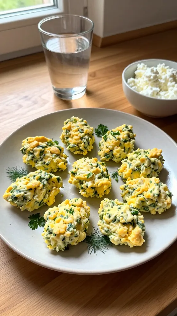 A photo of 10 Herb-Advantage Scramble Bites plated on a simple, light-colored ceramic plate with a few sprigs of fresh parsley and dill scattered around. The plate sits on a sunlit wooden kitchen counter next to a glass of water and a small bowl of cottage cheese. The eggs are fluffy, pale yellow with visible green herbs folded throughout, showing a light, airy texture. The scene captures a casual, homey breakfast vibe, as if photographed quickly in a real kitchen. Natural window light coming from the left creates gentle shadows and a warm tone. Slight imperfections: a tiny lens flare from the window, a hint of overexposed highlight on the plate rim, a faint fingerprint smudge on the camera lens, and a minor tilt to the horizon. The image feels like a real, unglamorous phone snap—no staging, no artificial glow, with a compressed 1080p quality and some grain variation from lighting. No text, no branding, no artificial polish. The composition is casual, with the plate slightly off-center and the bite arrangement appearing organic and imperfect, inviting for a quick, forgiving breakfast.