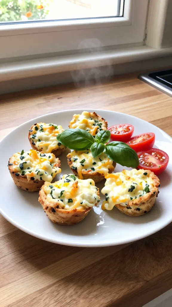 A realistic, authentic photo of cheesy cottage cheese egg bites plated casually on a simple white ceramic plate, garnished with fresh basil leaves and halved cherry tomatoes, resting on a wooden kitchen counter near a window. The scene should convey a bright, summery vibe with a hint of lemon zest visible as a subtle color accent. The main subject from the article title—“Cheesy Cottage Cheese Egg Bites with Basil and Tomatoes”—is the center of the shot, showing the fluffy, moist crumb and specks of green basil, with melted cheese visible in the bites. Shoot with natural window light, capturing a candid, no-staging feel: softly overexposed highlights on the plate, a touch of lens flare from the sun, slight motion blur from a quick hand movement, and a moderately warm color temperature. Include realistic phone-camera imperfections: fingerprint smudge on the lens edge, slight tilt of the horizon, grain variation with lighting, and a compressed 1080p-like quality. Composition should be casual and imperfect, as if taken in a hurry, with no post-production polish that screams AI. No text on the image, no branding, just the food in a real kitchen moment.