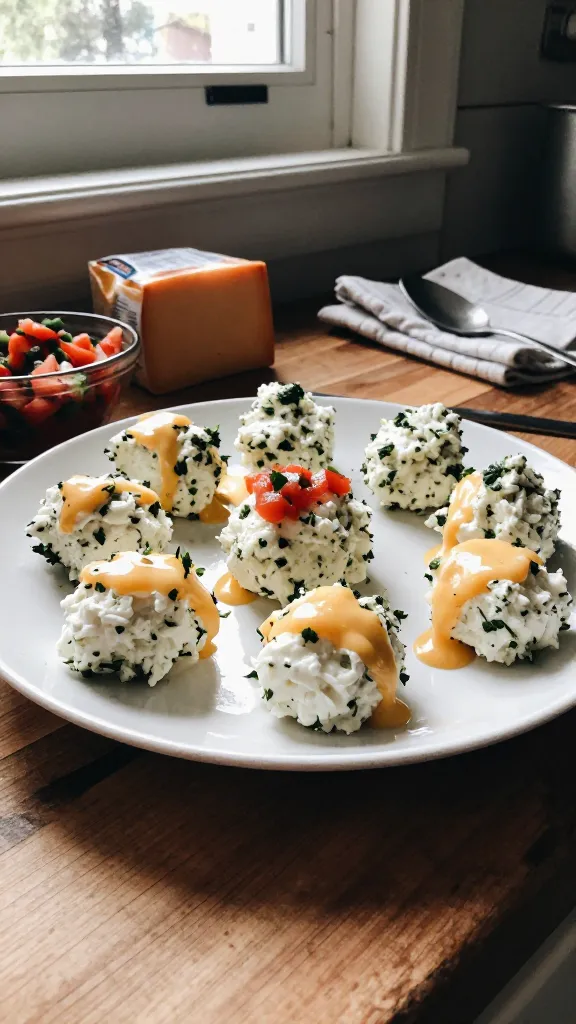 A real, authentic photo of a plate of Spicy Pepper Jack and Cilantro Cottage Cheese Bites, captured as if by a casual iPhone snap in a home kitchen. The plate sits on a rustic wooden counter near a window, with natural daylight filtering in and casting soft, imperfect shadows. The bites are bite-sized, topped with a bit of melted pepper jack, visible cilantro flecks, and a small dollop of salsa on one or two bites to hint at the recipe. The scene includes casual elements: a half-open bag of pepper jack cheese, a small bowl of pico de gallo, a spoon, and a microfiber napkin in the background. A slight tilt of the horizon, minor lens flare from the window, and a touch of overexposed highlights on the cheese edges convey a quick, in-the-moment vibe. The image should feel like a real, un-staged kitchen photo: natural noise, mild grain, and a few micro-scratches or fingerprints on the lens from casual use. No text, no logos. The composition is slightly imperfect—not perfectly centered, with one bite-edge slightly closer to the camera to emphasize texture. Overall look: compressed, 1080p quality, shot quickly, no staging, fingerprint on lens, casual, everyday realism. Optional subtle post-processing hint: a tiny bit of desaturation and gentle contrast boost to mimic a quick smartphone edit, still looking authentic and not AI-generated.