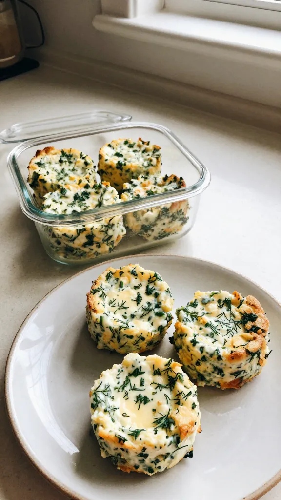 A real, authentic photo-style image of 4. Garden Herb Cottage Cheese Egg Bites on a casual kitchen counter, featuring the main subject from the article title: cottage cheese egg bites with visible flecks of dill, chives, and parsley, arranged in a small open glass container and a couple of bites plated on a simple ceramic dish. The scene is captured with natural window light, slight overexposed highlights at the edges, and a warm, inviting tone. The composition is spontaneous and imperfect: a slightly tilted horizon, a few tiny kitchen items in the background, and a subtle fingerprint on the lens from casual handling. The texture of the cottage cheese bites is clearly visible, with herbs lightly dispersed, showing a fresh, garden-inspired aroma. No staging: items casually arranged, no professional setup, as if photographed quickly in a home kitchen. Slight motion blur or soft focus in the background to mimic real-life pickup shot, gentle grain added to mimic low-light phone capture, compressed 1080p quality, no words or logos, no text on the image. Optional subtle post-processing hints: small color adjustments to enhance greens of the herbs, but maintaining a natural look, and a slight grain that varies with light to resemble a real phone photo.