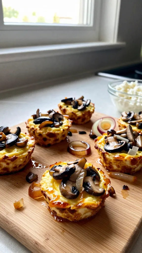 A real, authentic photo of savory mushroom and onion dream bites on a casual kitchen counter, capturing the main subject from the article title: bite-sized cottage cheese egg bites topped with sautéed mushrooms and caramelized onions. Shot quickly with natural window light, in a relaxed, candid style as if photographed in a home kitchen. Slightly imperfect, realistic feel with everyday clutter: a wooden cutting board, a few stray onion rings, a sprinkle of chopped mushrooms, and a small bowl of cottage cheese nearby. Include natural camera imperfections: slight overexposed highlights from the window, tiny lens flare, minor motion blur from a quick hand move, grain that varies with light, and a subtly tilted horizon. No text on the image. The image should resemble an iPhone photo—no staging, no AI-like polish, just casual, everyday realism. The bites should look vibrant, with the caramelized onions providing a glossy, inviting glaze, and the mushrooms finely chopped for texture. Optional subtle post-processing hints: a tiny touch of flat, compressed feel and minor color shift to mimic 1080p quality, but still clearly photographed in a home setting.