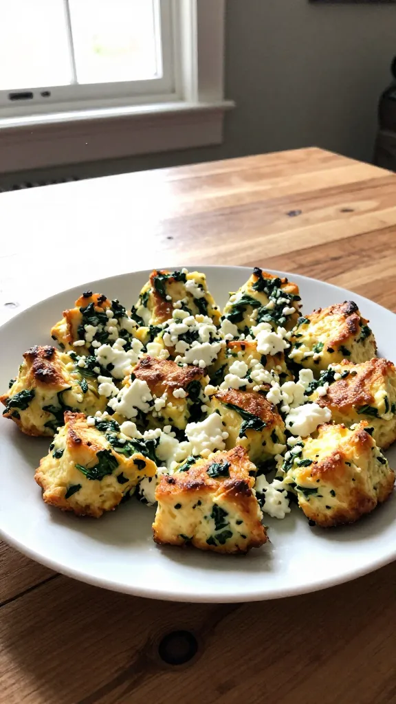 A real, authentic photo of Spinach Feta Cottage Cheese Egg Bites as the main subject, captured in an iPhone-like moment. Casual kitchen scene with natural window light pouring in, a simple white plate of golden-brown cottage cheese egg bites sprinkled with crumbled feta and visible flecks of spinach, placed on a rustic wooden table. Slightly imperfect composition: off-center, shallow but not studio-perfect, a hint of motion blur from a quick grab, and a few tiny fingerprints or smudges on the lens. Subtle overexposed highlights on a curved edge of the plate, a faint lens flare from the window, and a slight horizon tilt to emphasize realism. Grain varying with light to mimic 1080p-ish quality, no text or branding, no AI-typical enhancements. “Shot quickly,” “taken in a hurry,” no staging, no professional lighting, a tiny bit of post-processing that looks natural but keeps it looking like a real photo.