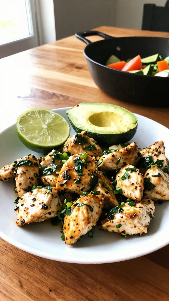 A plate of Zesty Lime Cilantro Chicken-Style Bites on a casual wooden table, styled to resemble real, home-cooked meal prep. The bites have a chicken-like appearance using seasoning and a bright lime-cilantro glaze, with a fresh avocado half and a small veggie skillet in the background to suggest a balanced plate. Natural window light from the left creates soft shadows and a warm, inviting tone. The scene is shot quickly, no staging, as if captured in a hurry with an iPhone. Slightly imperfect, realistic feel with natural camera imperfections: minor overexposed highlights on the glaze, subtle lens flare near the edge, a touch of motion blur from a casual hand-hold, grain that varies with the light, and a slightly tilted horizon. No text, no words, no obvious signs of AI generation. The image should feel like compressed 1080p quality, fingerprint on the lens, no dramatic depth of field, and no professional studio setup. Optional subtle post-processing hints: scaled down and up again, light sharpening and a flat color touch to resemble a casual, human-touched photo.