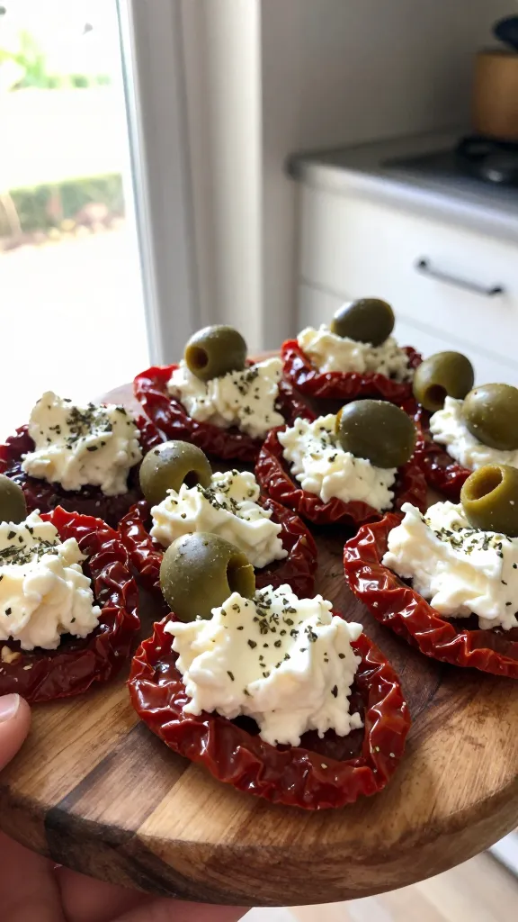 Sun-Dried Tomato and Olive Bites on a rustic wooden platter, a small pile of bright sun-dried tomatoes and briny olives folded into creamy cottage cheese bites, sprinkled with oregano, with a few bites arranged in a casual lineup. Provence vibes, Mediterranean color palette—olive greens, tomato reds, cream cheese. Natural window light streaming from the side, casual composition as if photographed at home. Slightly imperfect, authentic photo feel: slight overexposed highlights on the cheese, a hint of lens flare from a sunny window, minor motion blur from handing the plate to the counter, and a touch of grain in the shadows. A faint tilt of the horizon, no staged setup, no visible branding. The main subject is clearly the bite-sized cottage cheese bites, ready for meal-prep or a fancy snack pack, photographed in a real kitchen scene with no text. Shot quickly, no staging, fingerprint on lens, compressed 1080p quality, screenshot-like authenticity. Optional subtle post-processing to look natural and unpolished: slight smart blur with gentle sharpening, recolored with a flat, non-polished palette to avoid AI detection. No words in the image.