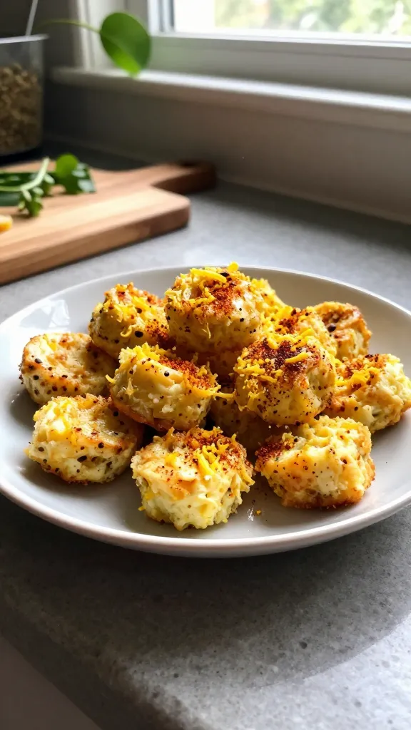 A real, authentic photo of Lemon Zest and Smoked Paprika Bites on a simple plate or in a small serving dish, centered with a casual, homey kitchen setting. The main subject should be crisp, lightly golden egg bites speckled with bright lemon zest and a subtle smoky paprika dust. Natural window light flows in from the side, casting soft shadows and gentle highlights. The composition feels unstaged and lived-in: a cluttered counter edge, a wooden cutting board, and a few greens in the background suggesting greens and quinoa bowls pairing. The shot is taken with an iPhone in a hurry, so the scene has slight imperfections: mild overexposed highlights on the plate rim, gentle lens flare near the edge, a touch of motion blur from a quick tilt, and grain that varies with the lighting. Horizon slightly tilted, some fingerprints or smudges on the lens for authenticity. The image should look like compressed, 1080p quality, no text or labels, no obvious AI cues, and no cinematic or professional photography terminology. A hint of post-processing is present: minor color tweak to emphasize lemon zest; but overall keep a natural, real-photo vibe, as if captured during meal prep. No words on the image.