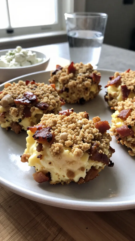 A real, authentic photo of Bacon-Style Crumble Bites (Turkey Bacon) from the article “15 High-Protein Cottage Cheese Egg Bites for Meal Prep: Batch-Ready Bites,” featuring a close-up, natural resting plate of bite-sized turkey bacon crumble bites with a light, savory crust, folded into a rustic, cottage cheese egg bite mix. The main subject should be clearly visible as the focal point, framed in a casual, home-kitchen setting. Shot with natural window light, slightly uneven and informal, as if captured during weekend meal prep. - Composition: casual tabletop scene with a worn wooden cutting board or ceramic plate, a few bites in focus, others softly blurred in the background. Include a small bowl or ramekin of cottage cheese with herbs nearby to hint at flavor pairing, and a glass of water or coffee off to the side to emphasize realism. - Mood: homey, practical, cozy, unedited feel—no staged studio vibe. - Lighting: natural window light from the side or behind, creating gentle shadows and a warm tone; slight overexposed highlights on the glossy edges of the bites for realism. - Texture and details: visible crumble bits, slight browning, a mealy crumb texture on the turkey bacon bits, a wholesome, everyday kitchen look; subtle grain to mimic real camera sensor. - Imperfections: slight lens flare, a touch of motion blur from a casual hand reposition, a minor tilt of the horizon, fingerprint or small dust speck on the lens, and a bit of natural, uneven white balance to reflect an iPhone capture. - Quality cues: “shot quickly,” “taken in a hurry,” “no staging,” “fingerprint on lens,” “screenshot quality,” “compressed, 1080p quality.” Avoid any words in the image, no visible text or branding. - Optional, subtle post-processing hint: light, natural color tweak that keeps it looking like a casual phone photo—no heavy AI polish; minimal, with perhaps a tiny amount of sharpening to emphasize texture. The image should clearly convey the idea of turkey-bacon crumbles folded into bite-sized, savory bites that are ideal for weekend meal prep, without appearing artificial or overproduced.