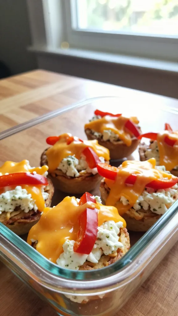 A real, authentic photo-style image of Sweet Pepper and Cheddar Fusion Bites as the main subject, featuring cottage cheese egg bites with vibrant sweet pepper strips and melted cheddar, arranged casually on a simple plate or in a glass meal prep container. Shot as if taken quickly with an iPhone, using natural window light and a casual, slightly imperfect composition. Include realistic phone-camera imperfections: a few overexposed highlights from sunlight, gentle lens flare, minor motion blur from a quick handhold, grain varying with light, and a slightly tilted horizon. The scene should look unscripted and homey, no staging, with a fingerprint or small smudge on the lens area suggested by the bokeh and focus. No text anywhere in the image. Optional subtle post-processing hints: a tiny touch of smart blur sharpened for clarity, slight color adjustment to emphasize warm cheddar tones, but still clearly 1080p-like quality, not glossy or overprocessed. The plate or container sits on a wooden table near a window, background softly out of focus, conveying a casual, batch-prep meal vibe. No words or logos, just the bite-filled scene that communicates a balanced, kid-friendly, midweek meal.