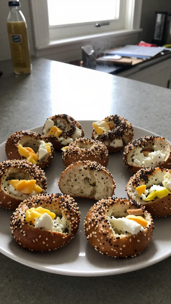 A real, authentic photo of 12. Everything Bagel Bite Inspired Bites on a plate, featuring an egg and cottage cheese base with everything bagel seasoning, sesame and poppy seeds for texture, and a textured crust-like exterior. Present on a casual kitchen counter setup with natural window light streaming in, a bit of clutter and everyday items in the background to convey a home cook vibe. The bites are arranged in a small cluster on a simple white plate, one bite cut open to reveal the fluffy interior, slight steam rising. Shot quickly with an iPhone, no staging, finger prints or minor imperfections visible on the lens. Slight overexposed highlights from the window, gentle lens flare, minor motion blur from a casual handheld shot, and a subtly tilted horizon to enhance realism. Grain is visible, light noise in darker areas, compressed, 1080p quality, no text, no words, no AI-style prompts. No heavy post-processing, maybe a tiny bump in contrast or a soft blur on the background to resemble a real photo.