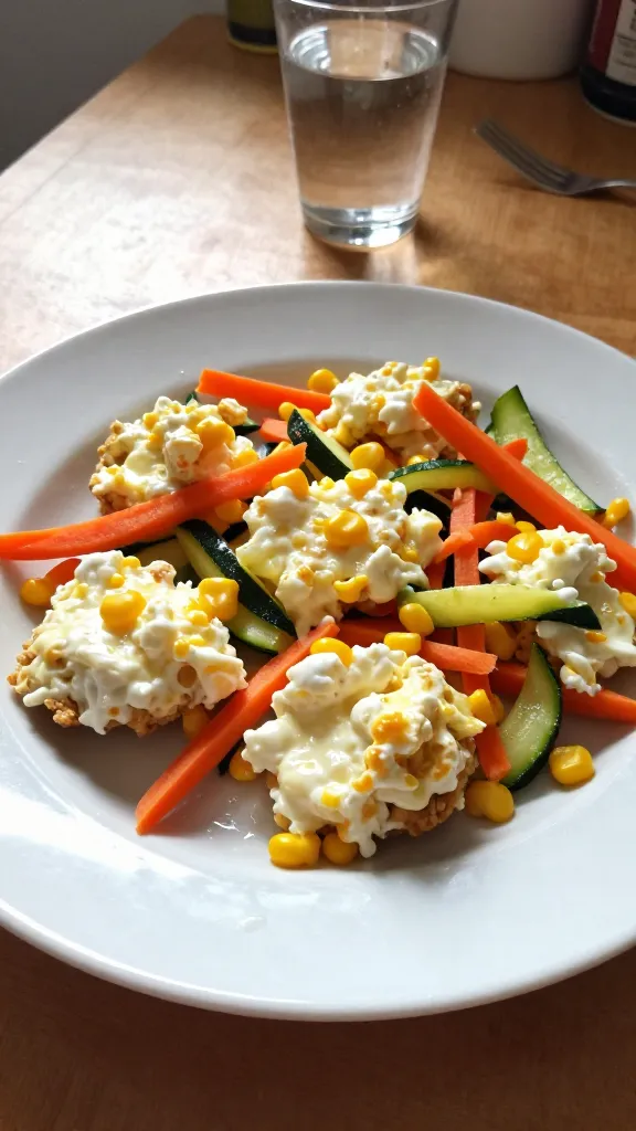 A real, authentic photo of cottage cheese egg bites with harvest veggies as the main subject, photographed as if taken on an iPhone in a casual kitchen setting. The plate features bright orange carrot shreds, green zucchini ribbons, and sweet corn kernels mixed into creamy cottage cheese egg bites, with a tangy, cheesy base visible. Natural window light streams from one side, creating soft shadows and gentle highlights. The composition is relaxed and slightly imperfect: a casual, everyday breakfast or lunch vibe, not staged. Include subtle, realistic phone-camera imperfections: a touch of overexposed highlights on the cheese, a tiny lens flare from the window, slight motion blur from a hurried snap, and natural grain in the image. Horizon may be slightly tilted, and there should be a few minor smudges or fingerprints on the glossy plate or a water glass nearby to emphasize authenticity. The plate sits on a simple, lived-in counter or wooden table with warm tones, maybe a cup of coffee or a fork resting nearby. No text or branding on the image. The overall feel should be “shot quickly,” “taken in a hurry,” and “screenshot quality,” with a compressed, 1080p quality look that conveys home-cooked, accessible meal prep. Optional very subtle post-processing hints: slight desaturation and a flat, liftless contrast to resemble real camera capture rather than polished editing.