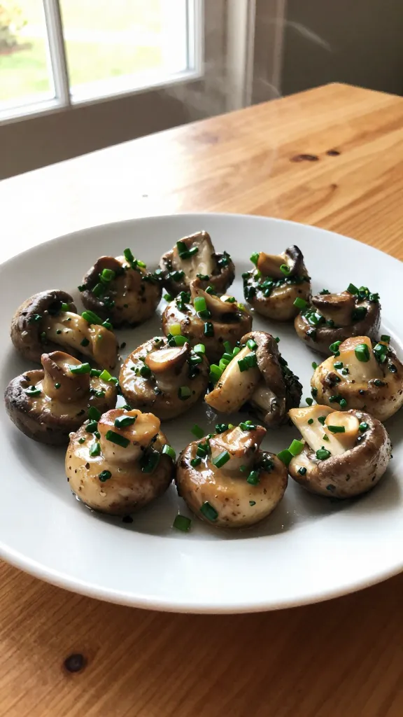 A real-life photo of a plate of 14. Chive and Oyster Mushroom Lux Bites, featuring little bites that showcase earthy oyster mushrooms, bright chives, and a subtle umami glaze. The scene is casual and homey, as if plated quickly for a weeknight snack, with natural window light casting gentle shadows. The plate sits on a wooden table near a window, slight imperfect angles, a touch of steam rising, and a few chives lightly scattered for color. The main subject is the chive and oyster mushroom bites, arranged in a simple, imperfect stack to emphasize a restaurant-inspired yet home-prepared vibe. Shot quickly, no staging, in an authentic iPhone photo style. Include realistic phone-camera imperfections: slight overexposed highlights from the window, a small lens flare, minor motion blur from a casual handhold, and grain that varies with light; horizon slightly tilted. No text on the image. Optional subtle post-processing hint: a tiny touch of smart blur and a light recolor to mimic a casual, everyday photo. Compressed, 1080p quality, screenshot-like realism, without cinematic or professional photography cues.
