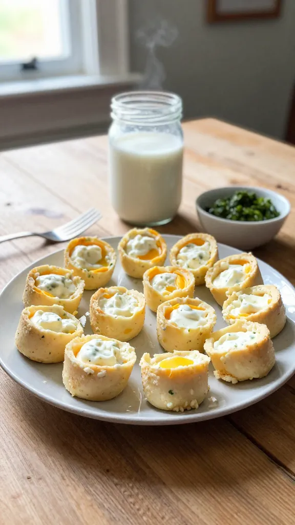 A realistic photo of 15 high-protein cottage cheese egg bites arranged on a simple, imperfect plate with a light, rustic wooden table in the background. The bites should be shown in a casual, homey kitchen setting, with natural window light pouring in from the side. Capture a quick, in-the-math moment: a few bites scooped onto a small plate next to a jar of coconut milk and a small bowl of pesto, as if prepared for meal prep. The scene should feel unposed, like it was taken in a hurry, with slight imperfections: a fingerprint smear or dab on the plate rim, a tiny steam curl rising, a barely off-center composition, and a casually angled horizon. Include realistic phone-camera quirks: slight overexposed highlights from the window, a touch of lens flare on the coconut-tinted background, minor motion blur on a fork near the plate, and grain that varies with light. The image should resemble a casual iPhone snapshot, compressed, 1080p quality, with no text, no captions, and no highly polished studio look. Optional subtle post-processing hints like a light, uneven color shift or mild smart blur/sharpening to emulate a real phone photo, but maintain a natural, no-staging vibe.