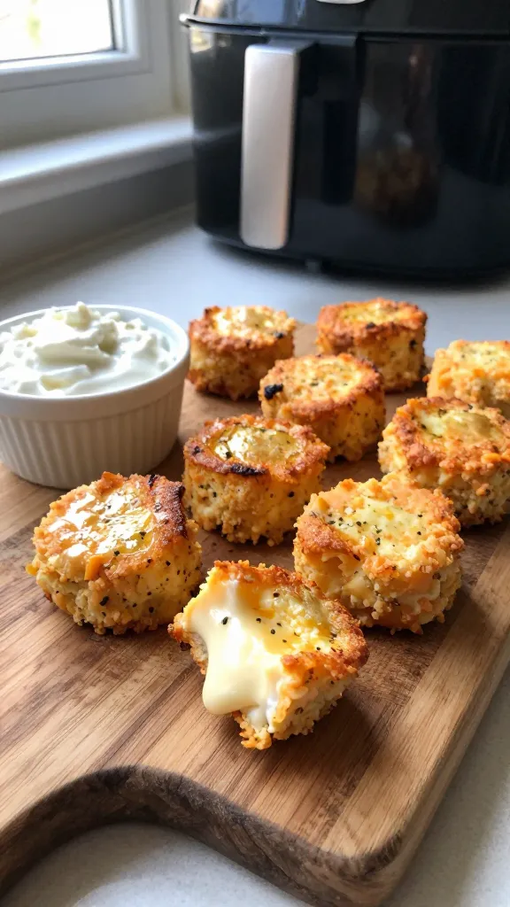 A real, authentic photo of cheddar jalapeño cottage cheese bites fresh from an air fryer, arranged casually on a rustic wooden cutting board with a few bites sliced to reveal a creamy center and a lightly golden edge. Include a small ramekin of creamy cottage cheese for dipping off to the side. Use natural window light streaming from the side, soft shadows, and a slightly imperfect, candid feel as if photographed in a busy kitchen. The shot should look like it was taken with an iPhone, with no staging: slight overexposed highlights on shiny surfaces, a tiny lens flare in the corner, minor motion blur from a quick snap, and a subtle grain that varies with the light. The horizon should be slightly tilted, with a fingerprint on the lens and a hint of casual clutter in the background to convey realism. Compression to 1080p quality, no text on the image, no mention of 8k or professional studio lighting, and a vibe of “shot quickly, no staging.” Optional faint post-processing hints: scaled down and up again, slight smart blur with sharpening, recolored with a flat paint bucket to avoid a hyper-polished look.