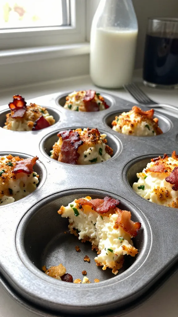A real-looking photo of bacon‑crusted cottage cheese bites in a muffin tin, freshly air‑fried, with a few bites taken out to show the texture. The scene should feel casual and homey, as if photographed by someone in their kitchen. Natural window light streaming from the side, gentle shadows, and a slightly imperfect setup. Include fine details like tiny bacon crumbles, visible chives, and fluffy cottage cheese mixture set and just browned on top. The image should appear as if shot quickly, with no staging: a few bites in the foreground, a blurred milk jug or coffee mug in the background, and a casually placed fork nearby. Realistic phone-camera imperfections: a touch of overexposed highlights on the tin, minor lens flare, slight motion blur on a stray crumb, light grain that varies with the light, and a gently tilted horizon. No text, no words, just the food in a natural kitchen moment. Compositional notes: emphasize the main subject (the Bacon-Clecked Cottage Cheese Dream bites) with a close but not tight framing, ensuring the bites look moist and inviting. Optional subtle post-processing hints: mild color flattening and slight sharpening, but keep the look authentic and un-staged. Resolution should feel like a compressed, 1080p quality phone shot, with fingerprint on the lens and a casual, “taken in a hurry” vibe.