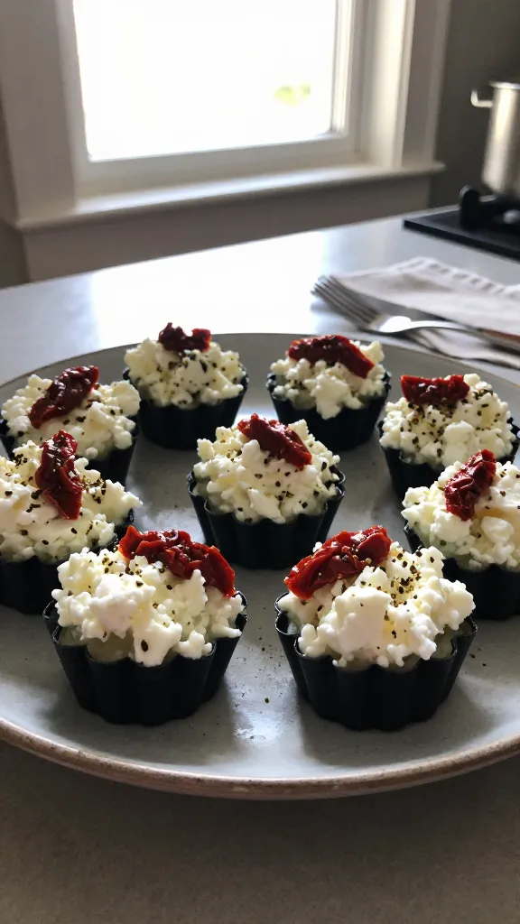 A real, authentic photo of a plate of Mediterranean Zest cottage cheese bites: creamy cottage cheese blended with feta, crumbled sun-dried tomatoes, and dried oregano, formed in small air-fryer molds and set, presented on a simple, rustic plate. The scene is shot in natural window light with a casual, imperfect composition—slightly off-center, a bit of clutter in the background, and an everyday kitchen counter feel. Include subtle iPhone-like imperfections: gentle overexposed highlights from the window, a touch of lens flare, minor motion blur on a fork or napkin, and a faint grain that varies with light. Horizon may be slightly tilted, and there should be no staged studio look. The image should appear as if taken quickly, in a hurry, with no words or text on the photo. Optional subtle post-processing hints: slight smart blur with sharpening and a soft, flat recolor to mimic a casual, phone-shot aesthetic. No words, no branding, just a natural food still.