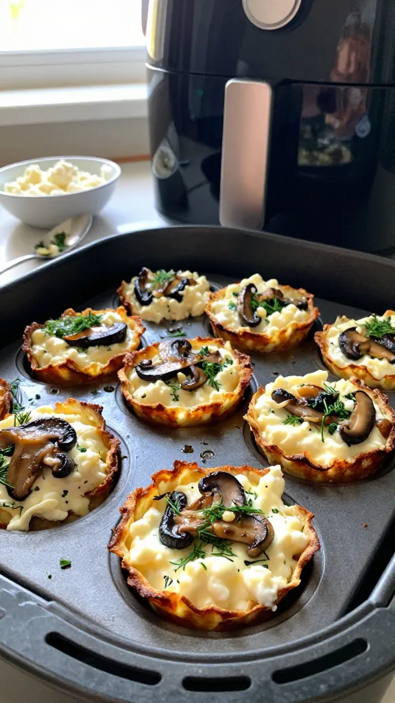 A real, authentic photo of cottage cheese egg bites in an air fryer, focusing on the dish described in section 5: Mushrooms, Onions, and Wholesome Herby Goodness. The main subject should be the plate or muffin cups filled with creamy cottage cheese mixture folded with sautéed mushrooms, caramelized onions, minced garlic, and chopped dill or parsley, with visible crisp edges and a golden-brown exterior. Capture the moment with natural window light, casual, slightly imperfect composition, as if shot quickly in a home kitchen. Include realistic phone-camera imperfections: slight overexposed highlights from the window, gentle lens flare, minor motion blur if any, grain varying with light, and a gently tilted horizon. No staging, no AI-looking polish. The image should feel like a snapshot from an iPhone, 1080p-ish quality, with a fingerprint on the lens and a touch of post-processing that keeps things natural (subtle blur/sharpening and flat color). No text on the image. The scene may show a few herbs scattered, a spoon with dill or parsley, a small dish of cottage cheese, and the air-fryer in the background with a hint of its door open, all in a warm, homely kitchen setting.