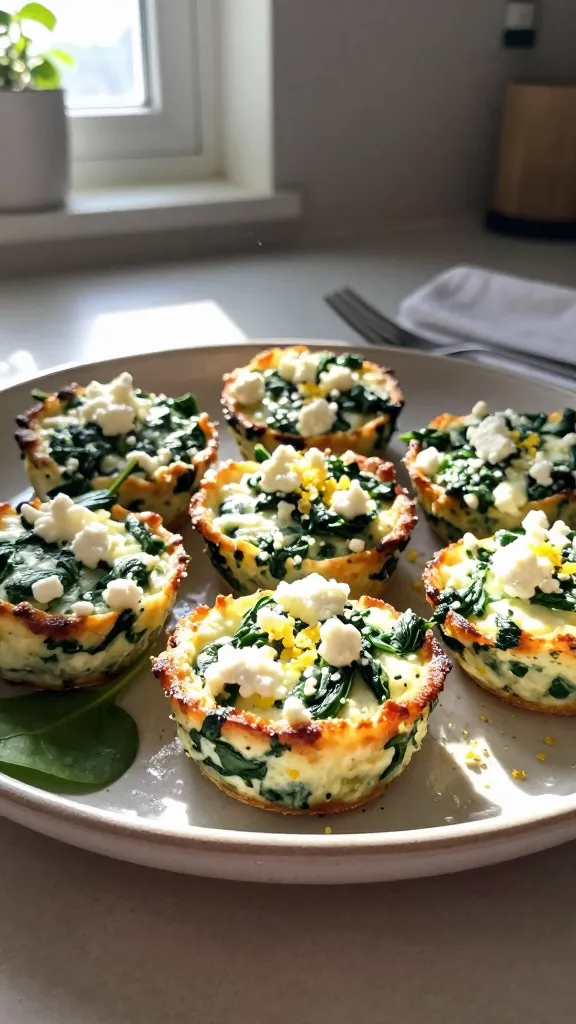 A real, authentic photo style image of a plate of Spinach, Feta, and Lemon Zest Cottage Cheese Egg Bites as the main subject, shot as if captured in a casual moment in a home kitchen. The bites should be small, bite-sized, with a light, airy interior and a crisp, golden rim visible on the edges. Plate them on a simple ceramic dish with a few fresh spinach leaves and a light dusting of lemon zest for a hint of color. The scene should feel natural and unposed, as if someone just plated a quick snack. Lighting and atmosphere: - Natural window light pouring in from the side, creating soft shadows and gentle highlights. - Slight overexposed spots where light hits the glossy edges of the bites, giving a real, imperfect glow. - Subtle lens flare and a tiny, intentional fingerprint or smudge on the lens area to imply a spontaneous shot. - A slightly tilted horizon and a touch of motion blur on a nearby fork or napkin to enhance realism. Camera and quality details: - Shot quickly, no staging, with a casual, homey kitchen backdrop (countertop, a mug, and a small plant in the blurred background). - Compressed, 1080p quality feel, as if captured with a phone in a hurry. - Minor grain and noise consistent with natural lighting, varying with light levels across the scene. - No visible text, no AI-watermark-like artifacts; no explicit editing descriptors in the frame; no depth-of-field exaggeration. Subject details: - The cottage cheese bites are the focal point, showing a tender interior texture and a lightly browned rim. - Crumbled feta dispersed in the bites, small green flecks of chopped spinach, and a subtle sprinkle of lemon zest visible on the surface. - Plate composition casual: off-center placement, with a fork resting nearby and a faint reflection on the plate’s edge. Optional subtle post-processing cue (not visible in the image, but influencing feel): - Slightly sharpened edges from a light editing pass, with gentle color balance to emphasize warm tones without looking artificial.