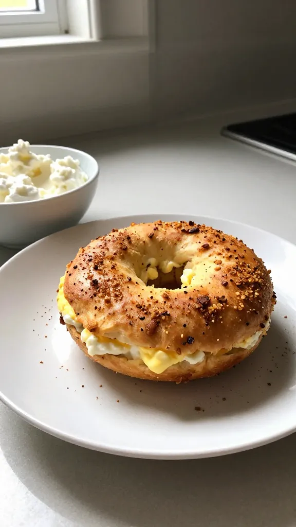 A real, authentic photo of a plate or cup of 7. Everything Bagel Style Bite from the cottage cheese eggs bites in the air fryer article, shot casually as if on a phone camera. The main subject should be the bite itself, showcasing a golden, crunchy exterior with visible specks of everything bagel seasoning, lightly set on a simple, everyday kitchen surface. Include nearby elements like a small bowl of cottage cheese and a splash of cream cheese to hint at the creamy texture, plus a dusting of seasoning for color. Lighting from a natural window to the side creates soft shadows and a warm, homey atmosphere. Use a casual composition with slight imperfections: a tiny tilt to the horizon, subtle grain, mild overexposed highlights on the plate, and a fingerprint or smudge on a nearby glass or lens area. The shot should feel like a quick, unscripted moment taken on an iPhone, not staged, with no visible text, labels, or branding. Avoid any sense of professional photography, studio lighting, depth of field, or hyperreal polish; aim for “shot quickly,” “taken in a hurry,” “no staging,” and “compressed, 1080p quality.” Optional hint of post-processing: a very light, natural-looking touch that looks like slight smart blur and gentle color adjustments, but nothing obvious. No words, just the food and surroundings, in a real kitchen setting.