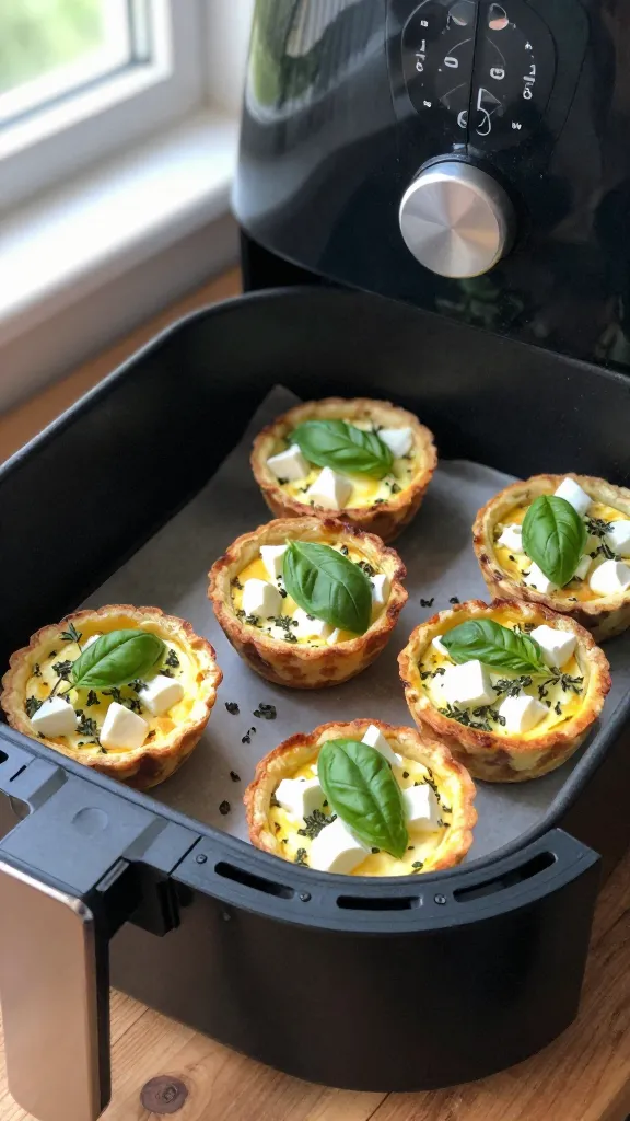 8. Herb Garden Trio: Basil, Thyme, and Mozzarella Bits — a bright, herb-forward cottage cheese egg bite in an air fryer setting Prompt: A natural, candid kitchen scene featuring a small, lightly browned tray of cottage cheese egg bites with visible tiny mozzarella cubes and flecks of fresh basil and thyme, taken as if mid-bake in an air fryer. The dish sits on a rustic wooden counter near a window with soft natural light streaming in, casting gentle highlights and subtle shadows. The composition is casual and imperfect: slight camera tilt, a tiny fingerprint on the lens, a touch of overexposed highlight on the mozzarella bits, and a hint of motion blur from a quick hand movement nearby. The photo should look like a real, authentic iPhone shot—no staging, no artificial studio feel. Include natural grain and compression artifacts, giving a 1080p-ish quality and a slightly tilted horizon. No text on the image. Optional subtle post-processing hints: light color cast from window, slight smart blur with sharpening, minimal desaturation to mimic casual phone capture. The main subject is the herb-forward cottage cheese bites with visible basil leaves, thyme sprigs, and small mozzarella cubes, arranged simply in a shallow dish or on parchment beside the air fryer tray, conveying a fresh, summery bite.