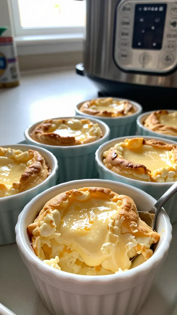 A real, authentic photo of cottage cheese egg bites in a fluffy, custardy base, inspired by the Instant Pot cottage cheese eggs recipe. Shot with an iPhone using natural window light, in a casual kitchen setting with an unfussy, slightly imperfect composition. The main subject is the cottage cheese egg bites arranged in a small ceramic ramekin or mini silicone molds, showing a glossy, creamy interior with a light golden top. Include visible cottage cheese texture and smooth fold-in from blending, conveying a light, custard-like bite. A spoon resting nearby or a partially scooped bite adds life. Slight overexposed highlights from sun streaming through a window, natural lens flare, and a tiny tilt to the horizon. Subtle grain and minor motion blur from handheld shot, fingerprint on the lens, and a shallow, non-posed background with everyday kitchen items. The image should feel like a quick, no-staging snapshot, compressed 1080p quality, with no text overlays and no signs of heavy post-processing beyond mild sharpening.