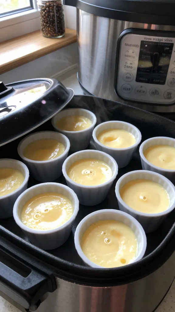 A photo of a batch of 6-8 cottage cheese egg bites in small silicone cups arranged neatly inside an Instant Pot insert, with the Instant Pot lid off to the side, showing the "sous vide vibes" vibe. The scene is lit by natural window light, softly streaming in from the left, creating gentle shadows and a warm, homey atmosphere. The cup surfaces gleam slightly with a light custardy texture visible at the edges, hinting at the creamy interior. A few tiny bubbles and a subtle gloss on the tops imply gentle cooking. The background is a cozy kitchen counter with a wooden cutting board and a glass jar of pepper visible out of focus. Slight imperfections: a small lens flare near the edge, minor overexposed highlight on the silicone cups, a touch of motion blur on a stray steam wisps, and a casually tilted horizon. The image should feel like a candid, real photo taken quickly on an iPhone, with natural grain, 1080p-like quality, no staging, and no text. Subtle fingerprint marks on the lens add authenticity, and there’s a hint of post-processing that keeps colors true but a touch flattened to avoid-—yet not overly polished—look. The overall impression is “2. Embrace the Sous Vide Vibe,” with a homey, everyday kitchen scene that makes the eggs look custardy, gently set, and totally doable.