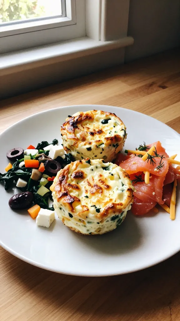 A real, authentic iPhone photo of a plate of 3 Instant Pot cottage cheese egg bites styled with a breakfast-party mix-in theme, placed on a wooden kitchen counter near a sunny window. The main subject is a small stack of creamy cottage cheese egg bites, lightly browned on top, with a few bite-sized mix-ins scattered around: spinach, feta, and kalamata olives; diced bell pepper, chives, and cheddar; smoked salmon with dill and lemon zest; and mushroom, onion, and thyme with gruyère. The bites should look freshly cooked, slightly glossy, with visible flecks of herbs and vegetables. Natural window light casts soft shadows and gentle highlights, capturing a casual, imperfect moment—no staging. Include realistic phone-camera imperfections: a touch of overexposed highlights on the edges, a tiny lens flare from the window, minor motion blur from a quick hand-held shot, subtle grain in the darker areas, and a slightly tilted horizon. The scene has a candid, “taken in a hurry” vibe, with a casual plate arrangement, a hint of fingerprints on the lens, and a sense of everyday breakfast prep. No text, no branding, no artificial studio feel. Optional subtle post-processing hints: light, natural color balance with a slight, natural-looking crop and minor sharpening, but still looking like a compressed, 1080p phone photo.