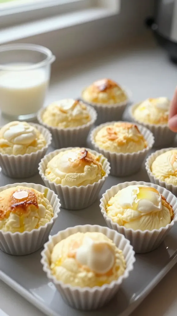 A real-looking photo of Instant Pot cottage cheese egg bites arranged in silicone cups, focusing on texture with a gentle outer edge and a pillowy, melt-in-your-mouth center. Scene set on a kitchen counter next to a small heating mat, using natural window light to create soft shadows and a warm, homey vibe. Slightly imperfect, casual composition: cups maybe one angled, a splash of milk or cream visible in a small jug nearby, a light brush of oil on the cups for release. Include subtle, realistic imperfections: a tiny spot of oil smear on the silicone, a faint reflection on the silicone cups, and warm color tones. Capture under a hot broiler momentarily suggested by a slight, delicate color hint on the tops, without actual charring. Slight motion blur on a passing hand or utensil to imply a quick shot. Slightly overexposed highlights at the edges, natural lens flare from sunlight, minor grain in the low-light area, and a slightly tilted horizon for authenticity. No text, no logos, no staged studio look. Shot quickly, no staging, fingerprint on lens, compressed 1080p quality, screenshot-like feel. Optional subtle post-production hints: mild smart blur with sharpening and a flat color balance to resemble a quick edit, scaled down and up again.