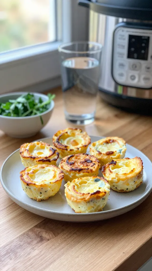 A real, authentic photo of a plate of Instant Pot cottage cheese egg bites styled for meal prep, with a few bites neatly arranged on a small, simple ceramic plate. The scene is set in a casual kitchen nook near a window, using natural daylight. Include a glass of water and a small bowl of fresh herbs in the background to imply freshness and utility for meal-prep. The plate sits on a lightly textured wooden counter with a slightly blurred background to suggest depth without studio staging. Capture subtle imperfections: a tiny fingerprint on the camera lens, a faint overexposed highlight from the window, a slight tilt of the horizon, and a touch of grain from low light. The image should feel like a quick, everyday photo taken with an iPhone—no dramatic lighting or perfect framing. No text on the image. Optional subtle post-processing hints: compressed 1080p quality, a touch of motion blur on the edge of a bite, and a mild, natural color boost to reflect fresh ingredients, avoiding any AI-detection cues. The main subject is the cottage cheese egg bites, still intact and neatly presented as a ready-to-eat, portable protein option for meal prep.