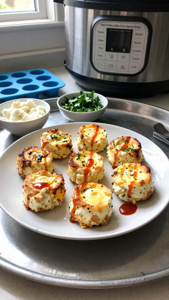 A real-looking photo of the 6 Instant Pot Cottage Cheese Egg Bites (Sous Vide Style) in a home kitchen setting, with the plate of egg bites as the main subject. The scene should convey “Playful Tweaks to Make It Your Signature Recipe” by showing a casually styled plate or serving tray with the cottage cheese egg bites, accompanied by small bowls or ingredients that represent personal touches: a small container of ricotta, a few fresh herbs (parsley, chives, or basil), a silicone mold with a fun shape in the background, and a modest drizzle of hot sauce on the side. The lighting is natural window light, subtle, coming from the side, with gentle shadows. The composition is relaxed and imperfect: slight tilt of the horizon, a few imperfect fingerprints or marks on the plate, and minor items like a utensil or napkin casually placed. The photo should feel like a quick snapshot taken in a real kitchen, not staged or AI-generated, with authentic phone-camera quirks: slightly overexposed highlights on the tray, tiny lens flare near the edge, mild motion blur from a quick hand move, and grain varying with light. The image should be 1080p quality, captured as if taken with an iPhone, with no visible text, no cinematic or studio effects, and no mention of AI. Subtle post-processing can be implied but not obvious: maybe colors a touch flat or slightly boosted, with a hint of JPEG compression artifacts. The overall vibe is homey, approachable, and customizable, clearly illustrating that these bites invite personal tweaks and signature flair. No words or labels on the image.