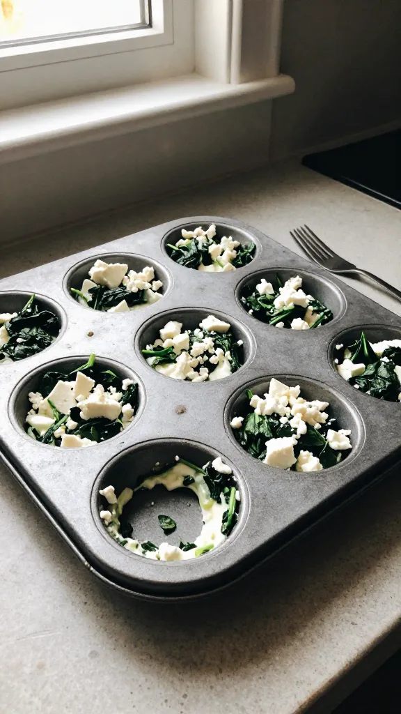 Spinach, Feta, and Zesty Dash keto egg bites arranged on a rustic, real-world kitchen counter in a loosely styled muffin-tin tray, with a few bites scooped out to show a creamy cottage cheese base folded with chopped spinach and crumbled feta. The scene is captured as an authentic iPhone photo: natural window light streaming in from the side, soft shadows, and a casual, imperfect composition. Include slight overexposed highlights on the feta and greens, a tiny lens flare from the window, minor motion blur from a quick hand move, and a bit of sensor grain in the shadowed areas. The horizon should appear slightly tilted for realism. There’s no staging or artificial studio feel, just a normal kitchen moment—fingerprint on the lens, a casually placed fork nearby, and a casual, “taken in a hurry” vibe. The image has a compressed, 1080p quality look, with no visible text, and a hint of post-processing that remains subtle and natural-seeming.