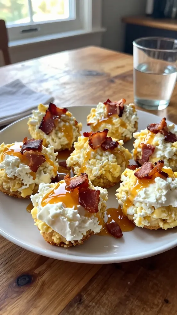 A real, authentic photo of a plate of Bacon-Maple Morning Wow from the Keto Egg Bites with Cottage Cheese, featuring crispy bacon bits crumbled into a fluffy, cottage cheese and egg mixture, with a gentle drizzle of sugar-free maple syrup. The plate sits on a rustic wooden table by a kitchen window, natural light streaming in, casual composition, slight imperfect angles. Include mini cups filled with bite-sized portions to imply shareability. Show the main subject clearly: a savory-sweet breakfast bite with bacon bits and a hint of maple glaze, arranged in a roughly circular arrangement on the plate, some bites in the foreground. Small details: steam rising softly, a glass of water or coffee in the background, a few bacon crumbs for texture. Realistic phone-camera imperfections: slight overexposed highlights on glossy surfaces, tiny lens flare near the window, minor motion blur on a napkin edge, natural grain, a slightly tilted horizon, fingerprint mark or smudge on the lens area, and a casual, un-staged vibe. Shot quickly, no staging, no text, 1080p-ish quality, screenshot-like, compressed feel. Optional subtle post-processing hint: a light, uneven color tone with a touch of flat rendering to avoid AI-detect cues, but keep overall natural look. No words or labels in the image.
