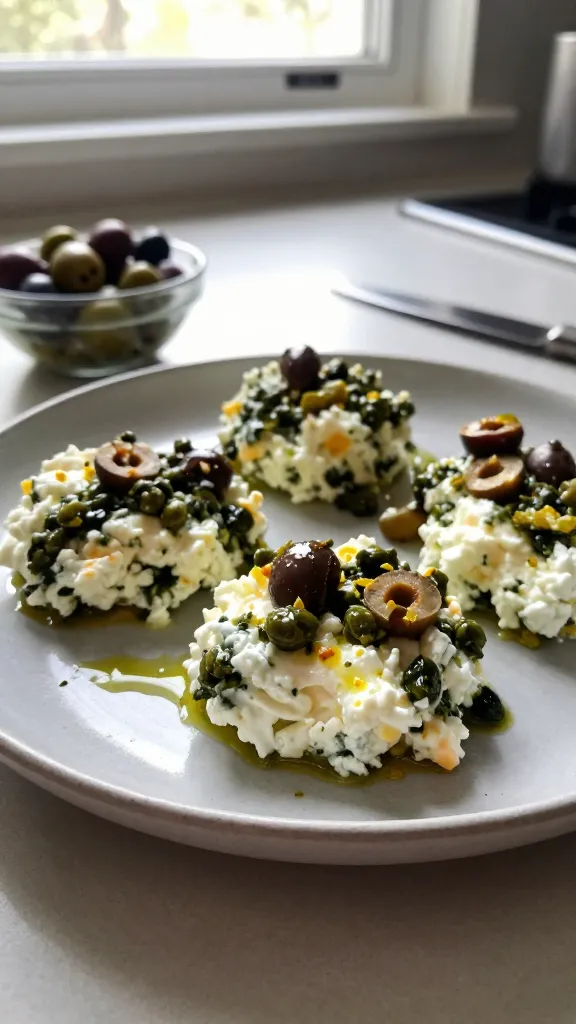 A real, authentic photo of a plate featuring Keto Egg Bites with Cottage Cheese in a Mediterranean Olive Tapenade Twist style, focusing on the olive-tavored cottage cheese bites. The scene is taken in natural window light with casual, imperfect composition: a slightly tilted viewpoint, a few crumbs and a tiny smear of olive oil on the plate for realism. The main subject sits on a simple ceramic plate in a relaxed kitchen setting, with a soft, sunlit counter and a blurred out background to imply a home kitchen. The bites are folded with finely chopped olives and a touch of capers folded into the cottage cheese mixture, with a delicate lemon zest hint visible as tiny flecks on top. Include a subtle knife and a small bowl of olives and capers in the background to suggest ingredients without crowding the frame. Realistic phone-camera imperfections: slight overexposed highlights from the window, a few stray reflections on the plate, minor motion blur from a casual hand positioning, grain that varies with light, and a slightly tilted horizon. The image should feel like a casual, “shot quickly” kitchen moment, not staged or AI-generated, with no text on the image. Optional light post-processing hint: a tiny amount of aging effect to avoid a hyper-clean look, but nothing that screams artificial. Composed to resemble 1080p smartphone photo quality, not high-end professional photography. No words, no logos.