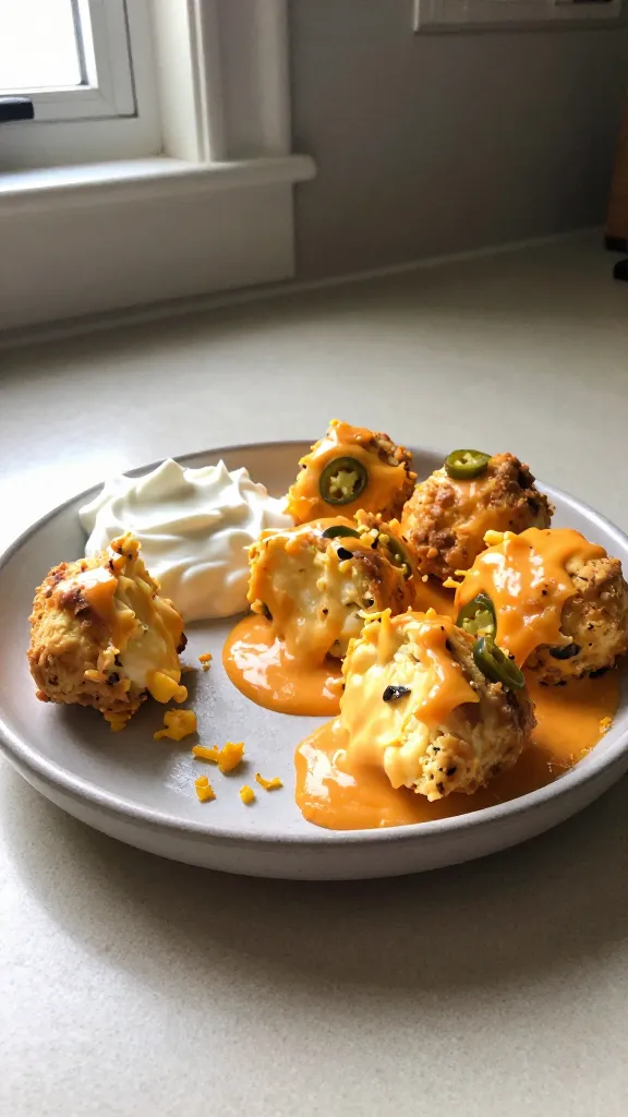 A real, authentic photo of Cheesy Pepper Jack Lava Egg Bites on a casual kitchen counter, neon-orange pepper jack melted into creamy bites with visible bits of jalapeño pepper, served in a small ceramic dish with a dollop of sour cream on the side. Include scattered diced peppers, pepper jack shreds blending into a creamy texture, and a few bites on a half-eaten, imperfectly arranged plate. Natural window light from the left creates soft shadows, a warm, home-kitchen vibe, and slight warmth in the color tones. Slightly overexposed highlights on the cheese edges, a gentle lens flare from the window, minor motion blur from a quick setup, and a subtle grain that varies with light. Horizon slightly tilted, casual composition, no staging, no AI cues, no words, no text. The shot feels like it was taken quickly with an iPhone, with fingerprint on the lens and a sense of “screenshot quality” rather than polished professional photography. Optional hint of post-processing: a tiny bit of smart blur and light sharpening, kept minimal and natural. no text on image.