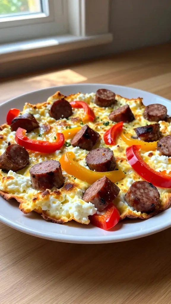 A real, authentic photo of a plate featuring sausage chunks and colorful bell peppers folded into a cottage cheese-egg base, styled as a hearty, sausage-forward bite. The scene is lunch- or dinner-ready, served in a casual, home-cooked look, as if captured quickly in a kitchen. Natural window light from the side casts soft shadows and gentle highlights on the savory pieces, with warm, inviting tones. The plate sits on a simple wooden or neutral-toned countertop, with a few pepper slices and sausage pieces visible around the edges to convey batch-friendly prep. The composition is slightly imperfect: a casual angle, a touch of tilt, and a natural, unposed vibe as if someone just finished plating. Subtle, realistic camera imperfections: a few faint highlights that are just a touch overexposed, a tiny lens flare from the window, minor motion blur from a quick hand-held snap, and a light grain that varies with the lighting. The texture of the cottage cheese-egg base is visible, with golden-brown edges where the bake browned slightly. No text on the image, no heavy styling or studio setup, no obvious AI indicators. The photo should feel like a real, iPhone-shot moment: “shot quickly,” “taken in a hurry,” “no staging,” “fingerprint on lens,” “compressed, 1080p quality,” “screenshot quality.” Optional subtle post-processing touch that keeps it looking natural: minimal color tweaks that resemble a small, real adjustment, not a polished edit.