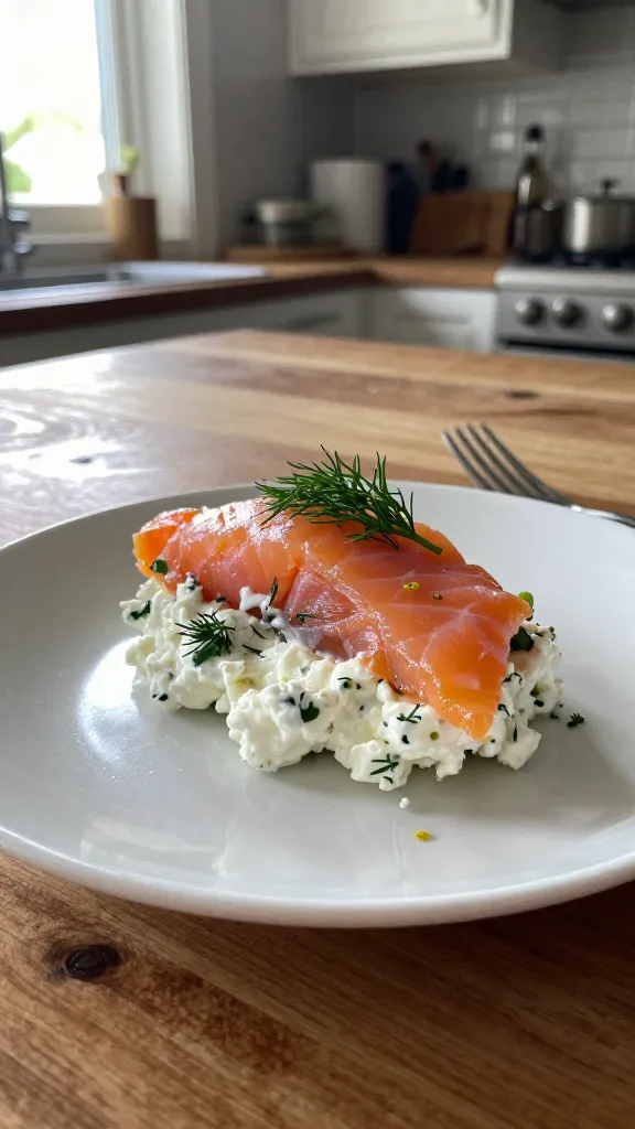 A real, authentic photo of an 8. Smoked Salmon & Dill Luxe Bite, the centerpiece on a casual kitchen setting. A small, creamy cottage cheese base folded with smoky salmon and delicate fresh dill, finished with a subtle lemon zest. Natural window light from the left softly highlights the texture: creamy interior, pink ribbons of salmon, and bright green dill flecks. Slightly imperfect composition—a few crumbs, a tiny smudge on the plate, a casually placed fork nearby, and a lightly tilted horizon. The shot conveys “taken in a hurry,” with no staging, as if photographed quickly on an iPhone. Minor camera imperfections: a touch of overexposed highlights on the salmon edges, gentle lens flare from the window, faint motion blur from a casual handheld moment, and subtle grain that varies with the light. No text, no branding. The plate sits on a rustic wooden counter with a blurred background of kitchen counter items. Optional hint of post-processing to reduce AI detection: slightly scaled down and up again, mild smart blur and sharpening, recolored with a flat, natural tone. Compliant with “compressed, 1080p quality” feel and “fingerprint on lens” vibe for authenticity. No cinematic or studio cues, just a real bite ready to serve.