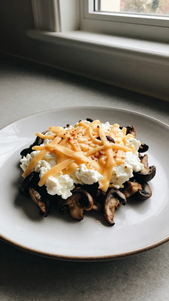 A real, authentic photo of a single serving of Mushroom Swiss Comfort Crowd-Pleaser egg bites, featuring earthy sautéed mushrooms folded with creamy cottage cheese and eggs, topped with shredded Swiss cheese that’s just starting to melt and lightly browned on top. The bite sits on a simple, casual plate with a subtle rustic edge, placed on a kitchen counter near a window. Natural window light streams in, casting soft shadows and gentle highlights across the plate. The scene is shot in a candid, no-staging style: hands off the frame, like a quick breakfast grab. Slight imperfections to convey realism: a couple of tiny specks of flour or seasoning on the plate, a faint fingerprint on the lens, a small lens flare from the window, slight overexposed highlight on the cheese edges, and a horizon that's slightly tilted. The image should feel like a quick street-side or home-kitchen snapshot, not polished or studio-produced. No text in the image. The overall look should be compressed, 1080p-quality, with natural grain and a touch of motion blur as if captured in a hurry. Optional subtle post-processing touch mentioned could be a light, imperfect color tweak that looks like a casual edit, not a professional retouch. No words or labels anywhere in the frame.