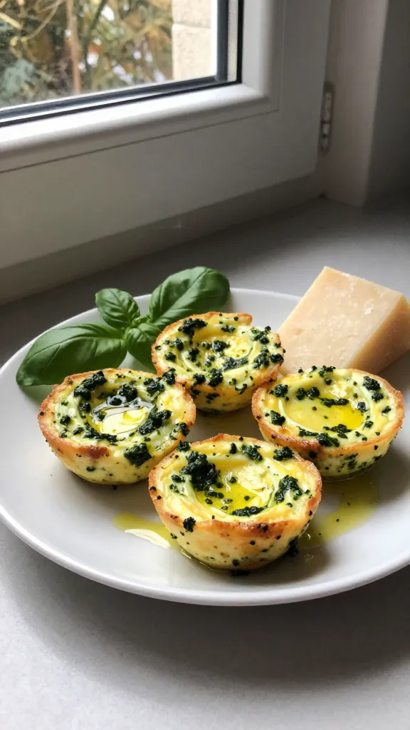 A real, authentic photo of keto egg bites with pesto basil, shot like it was taken quickly with an iPhone. A casual, natural kitchen scene near a window: a small white plate of warm, puffed egg bites dotted with bright green pesto flecks, a few fresh basil leaves, a wedge of Parmesan, and a light drizzle of olive oil nearby. Soft natural window light creates gentle highlights and subtle shadows, with a slightly imperfect, lived-in feel. Include realistic phone-camera imperfections: a tiny overexposed highlight on the plate edge, a subtle lens flare from the window, slight motion blur from a casual hand pose, and grain that varies with the light. Horizon slightly tilted, no staging, no heavy studio look, fingerprint on lens visible in a tiny glare spot, maybe a quick camera shake blur at the plate corner. Compressed, 1080p quality vibe, no text on image, no overt post-processing that signals artificiality. The subject should clearly be the pesto basil infused egg bites, inviting and appetizing, with an earthy, herb-forward aroma implied by the composition.