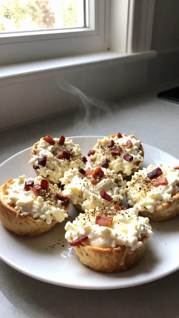 A real, authentic photo of a plate of 5 high-protein cottage cheese egg bites with bacon, labeled in the caption as the "Classic Creamy-Crunch Combo" but without text on the image. The plate sits on a casual kitchen counter near a window, natural window light streaming in. The bites show creamy cottage cheese texture with visible small bacon bits for a smoky crunch, topped with a light sprinkle of black pepper and a pinch of garlic powder. The composition is imperfect and relatable: a slightly tilted horizon, a bit of steam rising subtly, and a casual, unposed setup as if someone just plated them and walked away. Include minor imperfections: slight overexposed highlights on the glossy cottage cheese, a hint of lens flare from the window, a small fingerprint smudge on the lens, minute motion blur from a quick hand movement, and grain that varies with the daylight. The scene should feel like a quick, in-a-hurry shot taken with an iPhone—no staging, no studio lighting, and no heavy depth of field. The image should appear compressed, 1080p quality, as if captured spontaneously, with no text or branding. Optional light post-processing hints: a subtle, imperfect color tweak and minor sharpening, but nothing that reads as retouched or AI-generated. No words or logos visible.