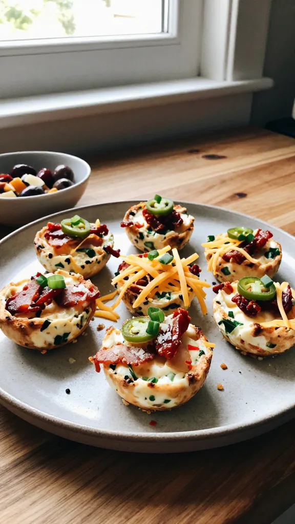 A real, authentic photo of a plate of 5 high-protein cottage cheese egg bites with bacon, styled with a few add-ins as described (finely chopped green onions, shaved jalapeño, shredded cheddar, sun-dried tomatoes, olives) arranged casually on a rustic ceramic plate. The scene sits on a wooden kitchen counter by a window, natural light streaming in for a soft, warm glow. The bites are bite-sized, slightly irregular in shape, with visible bits of green onion, red pepper, and parmesan shavings peeking through. Include casually scattered crumbs and a small bowl of extra add-ins off to the side. Capture a candid, everyday mood: no staging, slight imperfections, a hand-touched look as if someone just plated them. Use natural, imperfect iPhone-like qualities: slight overexposed highlights from the window, subtle lens flare, minor motion blur from a quick snap, grain that varies with light, and a gently tilted horizon. No text on the image. Shot quickly, in a hurry, compressed 1080p quality, fingerprint on the lens, no AI indicators. Optional subtle post-processing hints: muted colors with a touch of flat contrast, as if scaled down and up again, minor smart blur with light sharpening to simulate a real photo. The main subject remains the bite-sized bites on the plate, inviting and crave-worthy.