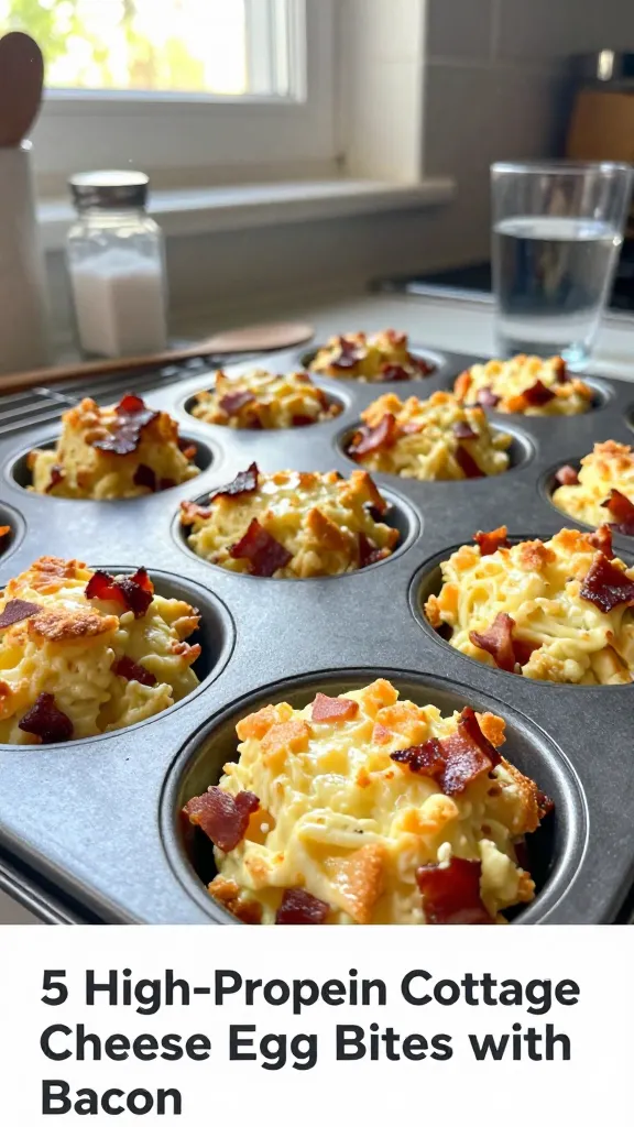 A real, authentic iPhone-style photo of the main subject from the article title, “5 High-Protein Cottage Cheese Egg Bites with Bacon,” focusing on Bake-and-Cake Method section bites. Shot casually in natural window light with a slightly imperfect, realistic feel, as if taken quickly in a home kitchen. The scene shows a mini muffin tin greased and filled about 3/4 full, with several golden-brown cottage cheese egg bites with bits of bacon visible, cooling on a rack or plate. Include everyday kitchen elements in the background: a lightly blurred countertop, a jar of salt, a wooden spoon, and a glass of water. Capture subtle, authentic phone-camera imperfections: slight overexposed highlights from the window, tiny lens flare, minor motion blur from a quick hand pose, and a bit of grain that varies with light. Horizon slightly tilted, no staging, no text, no branding. The overall look should feel like a candid, compressed 1080p snapshot—“shot quickly, taken in a hurry,” fingerprint on the lens, no AI-appearance. Optional light post-processing hints: minimal, such as slight smart blur with sharpening to mimic modest editing, but keep the image looking natural and not overly polished. No words or overlays on the image.