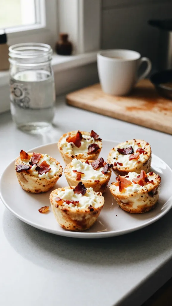 A real, authentic photo of 5 High-Protein Cottage Cheese Egg Bites with Bacon on a casual kitchen counter scene, clearly the main subject in the image. The bites are plated simply on a small white plate or in a few bite-sized rounds, with a few bites cut open to show creamy cottage cheese interior and bits of bacon. Surroundings include a mason jar of water or a cup of coffee, a lightly used cutting board, and a minimalist, lived-in kitchen backdrop. Natural window light streaming in from the side creates soft shadows and a warm, daytime vibe. The shot feels unposed and candid: no staging, taken in a hurry, with a slightly imperfect, realistic feel. Subtle camera imperfection details: a hint of overexposed highlights from the window, a touch of lens flare near the edge, minor motion blur on the edge of the plate if any, and a slight tilt to the horizon. Grain is present due to lighting, and colors are natural with slight warm tint. The image should look like a compressed, 1080p quality photo from a phone, not ultra-polished. No text on the image, and no words anywhere. Optional subtle post-processing hints: gentle color flattening and light sharpening, but nothing that makes it look staged or overly processed.