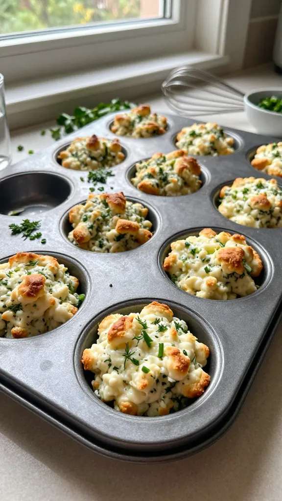 A real, authentic photo of Classic Herb Cloud Bites in an oven-baked batch, featuring a greased muffin tin with fluffy cottage cheese-based bites just set and lightly puffed, golden edges and a pale, airy interior visible from a bite. The scene is arranged casually on a kitchen counter by a sunlit window, with natural, soft daylight filtering in. Fresh parsley, chives, and dill are scattered nearby or lightly mixed in the batter, hinting at the herbs without overpowering the scene. The plate or muffin tin appears slightly imperfect and used, with small nicks and a casual, homey vibe. The shot shows a casual, in-progress moment: a spoon or spatula resting nearby, a whisk resting on the counter, and perhaps a small glass of water or tiny bowl of extra herbs in the background. Overall composition is un-staged and candid, as if someone grabbed a bite while cooking. Camera feel: taken in a hurry, no staging, no professional lighting. Natural window light with gentle shadows, a slightly tilted horizon, and a few minor imperfections: a fingerprint on the lens edge, subtle overexposed highlights on the tin, mild grain from the lighting, and a touch of motion blur on a moving hand or utensil. The image has a compressed, 1080p quality look, as if captured quickly on a smartphone. No text, no branding, no obvious AI cues. Optional very light post-processing hints: minimal color lift and slight sharpening, but still maintains an authentic, somewhat flat, “screenshot quality” feel. The main subject—Classic Herb Cloud Bites—is clearly recognizable as wholesome, portable protein bites ready for breakfast.