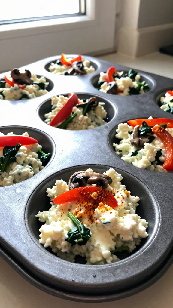 A real, authentic photo of sunrise veggie power packs made with cottage cheese, shown in a casual kitchen setting. The main subject is a tray or muffin tin filled with creamy cottage cheese bites mixed with sautéed peppers, spinach, and mushrooms, plus optional feta crumble and a light dusting of paprika. The scene is photographed with natural window light, capturing a spontaneous, no-staging vibe: slightly imperfect angles, a touch of overexposed highlights on the edges, and a hint of lens flare from the sun. Include some realistic details like a fingerprint on the lens, minor motion blur from a quick snap, and subtle grain that varies with the light. The composition feels like a quick, everyday kitchen moment, not a posed studio shot—shot quickly, in a hurry, with a phone camera vibe. The horizon is slightly tilted, and the image has a compressed, 1080p quality, with no words or text visible on the photo. Optional subtle post-processing hints: a gentle, imperfect color tweak that keeps colors natural, plus a slight sharpen after a soft blur to mimic casual phone edits. No AI-looking perfection, just a natural, homey breakfast image that clearly depicts cottage cheese veggie bites ready for a busy morning.