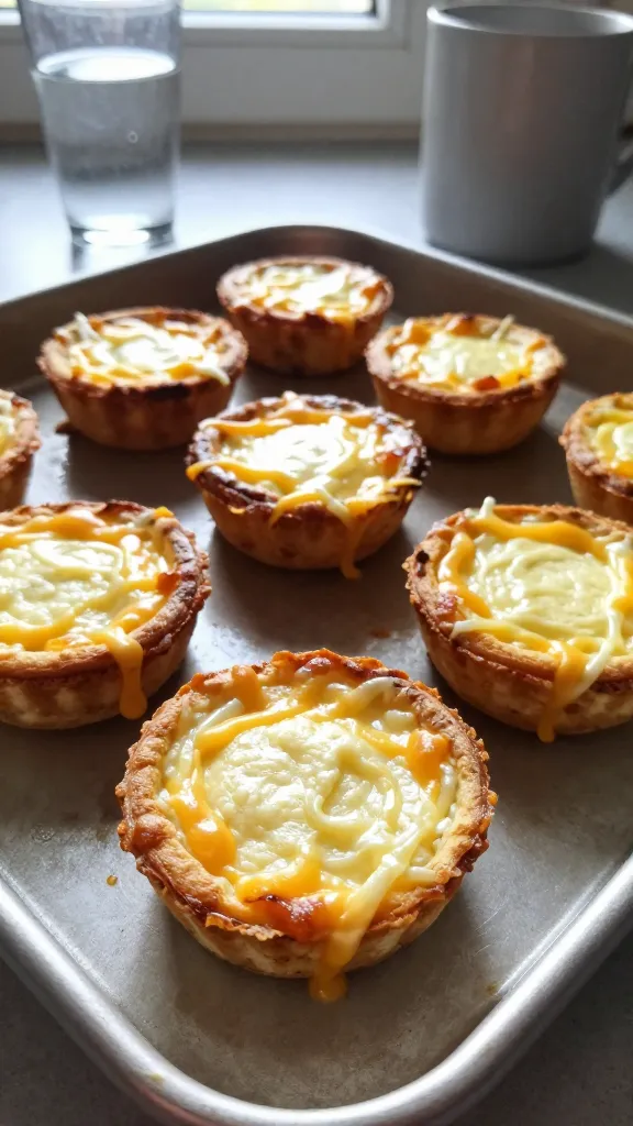 A real, authentic photo of egg bites on a small baking sheet or plate, showcasing the Cheesy Creaminess Without the Guilt section. The plate features bite-sized, creamy cottage-cheese-based egg bites with a golden tops and a gentle cheese pull from melted mozzarella, arranged casually as if just baked. The scene is lit by natural window light, with soft shadows and a slightly imperfect, everyday kitchen vibe. Include incidental details like a glass of water or a mug nearby for context. The photo should feel unstyled and candid — shot quickly, in a hurry, no staging. Add subtle camera imperfections: a tiny overexposed highlight on the edge of the bites, mild lens flare from the window, a touch of motion blur if any utensil was moved, and grain that varies with light. The horizon slightly tilted, a fingerprint smudge on the lens, and a casually imperfect composition. The image should look like compressed, 1080p quality, no text or watermarks, no AI-detection tricks beyond subtle post-processing that keeps it natural.