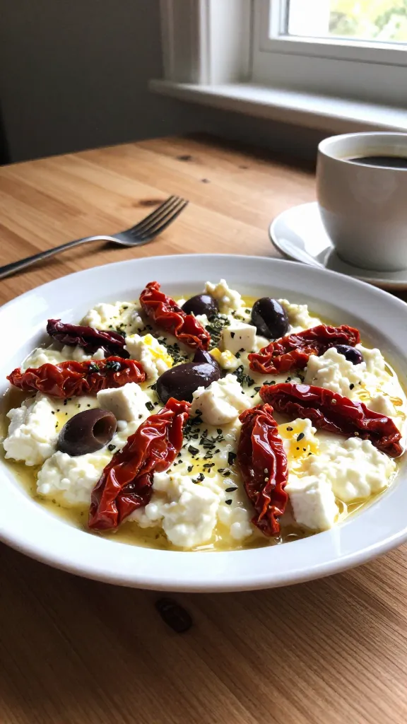 A real, authentic photo of cottage cheese egg bites with a Mediterranean twist, photographed as if taken on an iPhone in a cozy kitchen. The plate should feature sun-dried tomatoes, olives, and crumbled feta atop a bright cottage cheese base, with fresh oregano or thyme and a hint of lemon zest after baking. Create a sun‑soaked vibe with natural window light, casual placement at a rustic breakfast table, slight imperfections to feel real and unstaged. Include realistic phone-camera quirks: a few overexposed highlights, minor lens flare, tiny motion blur from a hurried grab, and grain that changes with light. Horizon slightly tilted, no staging, no text or branding. The scene should look like a quick, weekday bite prepared in a hurry, shot quickly, with a fingerprint on the lens and subtle post-process tweaks that keep it looking natural (scaled down and up, slight smart blur with sharpening, recolored with a flat, unpolished look). Compositional balance focuses on the plate as the main subject, with nearby utensils and a cup of coffee to convey a casual breakfast moment. Compressed, 1080p quality. No words on the image.