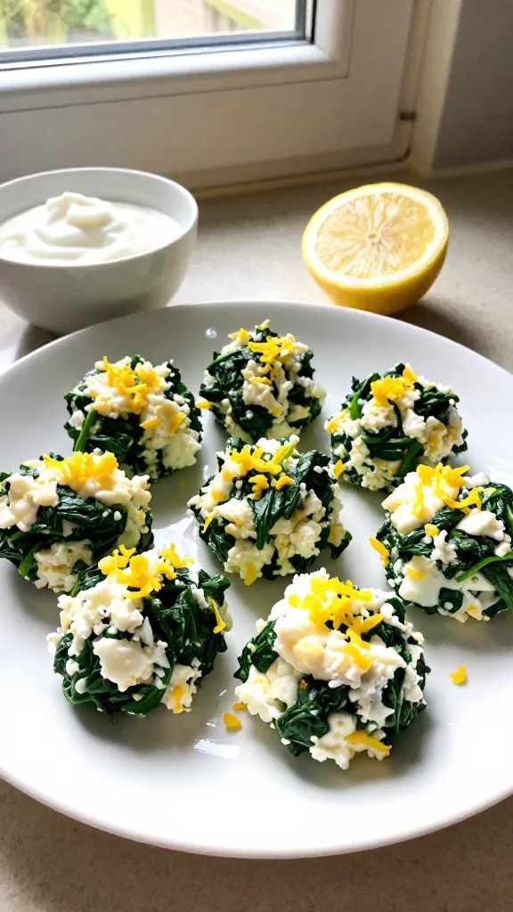 A photo of vibrant Zesty Lemon-Spinach Bright Bites plated on a simple white ceramic dish, with a few bites showing bright lemon zest flecks and fresh chopped spinach folded into pale cottage cheese and eggs. The setting is a cozy kitchen counter by a window, natural daylight streaming in, casually arranged with a small bowl of yogurt sauce and a lemon half in the background. Shot quickly with an iPhone, no staging. Slight overexposed highlights on the edges of the bites, a tiny lens flare near the lemon, minor motion blur from a casual hand-held shot, grain visible in the plate shadows, and a subtly tilted horizon to enhance realism. No text or branding, just authentic, real-life feel—fingerprint on lens, compressed 1080p quality, as if captured in a hurry, with a hint of post-processing that keeps it natural.