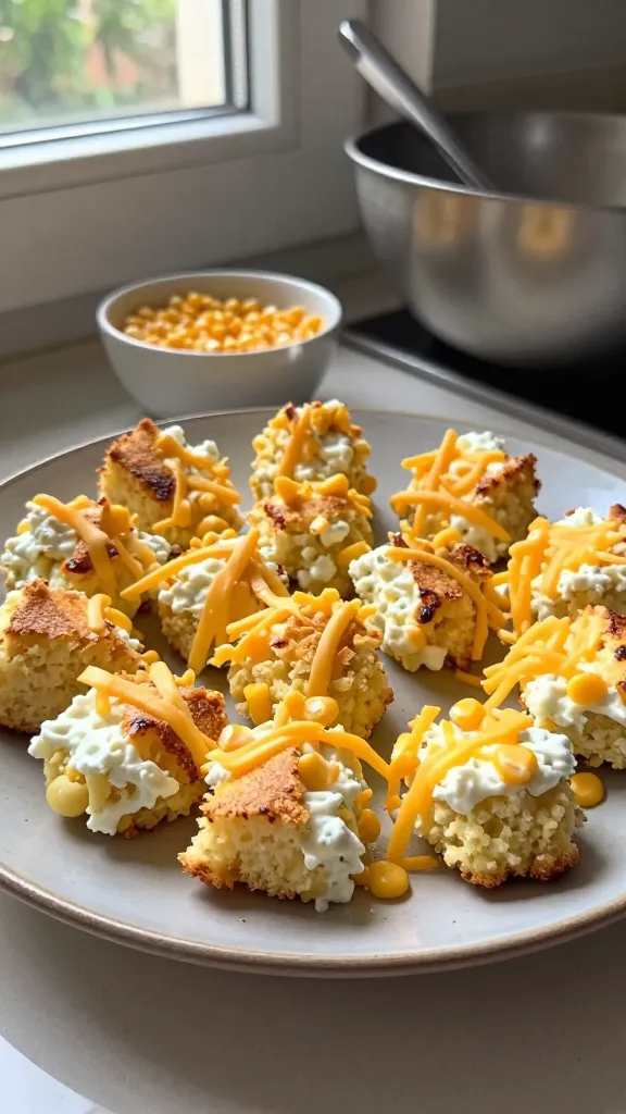A real, authentic photo of savory breakfast cornbread bite egg bites made with cottage cheese, shown in a casual, home kitchen setting. The main subject is a plate of small, crumbly cornbread–style egg bites with a light golden edge, melted shredded cheddar visible, and a few bright corn kernels for sweetness. The dish sits on a simple, slightly imperfect ceramic plate near a window, with natural daylight creating gentle shadows. Include a few context foods like a small bowl of corn kernels and a whisk or mixing bowl to imply preparation. The scene should feel spontaneous and lived-in: a quick shot taken in a hurry, no staging. Slightly overexposed highlights from window light, natural lens flare near the edge, minor motion blur from a casual hand in the frame or a moving camera, and subtle grain variations to reflect 1080p phone camera quality. Horizon may be slightly tilted, with a fingerprint or smudge visible on the lens area, and overall look like a casual iPhone capture, not polished or studio-lit. Avoid any text or labels on the image; no words, no branding. Optional subtle post-processing hints: a light flattening of contrast and a slight blur/sharpen combo that still feels natural and not AI-generated.