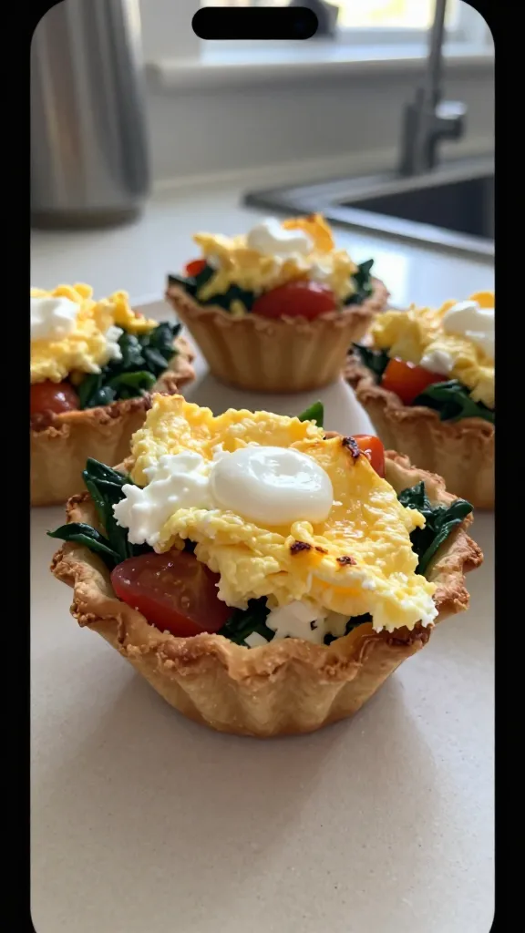 A real, authentic photo of Sunrise Scramble Tortilla Cups as the main subject, taken as if with an iPhone in casual, natural window light. Show a small, handheld brunch cup scene: a mini muffin-tin or tartlet cups with fluffy eggs folded with dollops of cottage cheese, visible creamy centers and lightly crisped edges, filled with chopped spinach and cherry tomatoes. Surround with a softly blurred kitchen counter, as if photographed quickly while prepping brunch. Include slight imperfections: tiny overexposed highlights from window light, a touch of lens flare, a minor tilt to the horizon, and a faint fingerprint or smudge on the lens. Subtle grain, 1080p-like quality, no staged or studio feel, no text on the image. No words, no labels. The composition should look like a spontaneous, everyday shot—no heavy retouching, “shot quickly” vibe, no deep depth of field, natural colors, warm yet realistic. Optional tiny post-processing hints: barely perceptible smart blur plus slight edges sharpened, colors slightly flattened to resemble a casual screenshot-like look.