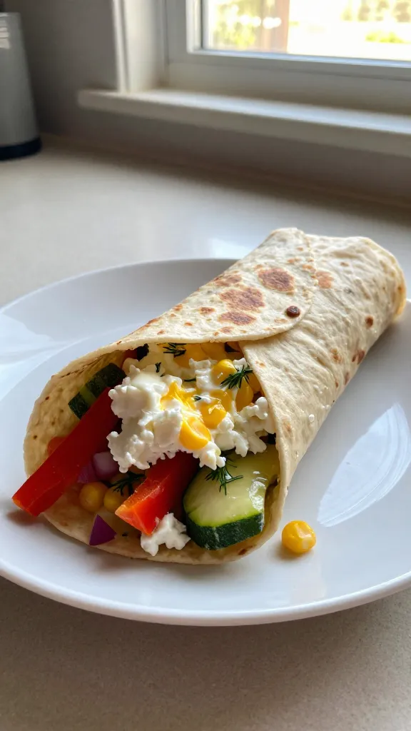 A real, authentic photo of Cheesy Garden Veggie Wraps in a casual kitchen scene, the main subject being a veggie-packed wrap with melted cottage cheese and fluffy eggs, tucked in a warm tortilla. The plate sits on a sunlit countertop near a window, with natural daylight casting gentle, slightly warm tones. The wrap is cut open to reveal vibrant bell peppers, zucchini, red onion, corn, and dill or chives mingling with a creamy egg-cottage cheese filling, giving a garden-party vibe. Slightly imperfect composition: a casual, handheld angle as if photographed in a hurry, with a hint of motion and realism. Include real-life touches like a few stray veggie bits on the plate, a slightly tilted horizon, tiny fingerprints on the tortilla wrapper, and subtle textures from the tortilla surface. The image should feel like a quick iPhone snap, with natural lens flare from the window, mild overexposed highlights on glossy veggies, and a touch of grain consistent with 1080p quality. No text on the image, no staged setup. Optional subtle post-processing: a light, imperfect sharpen and gentle color boost that keeps it look like a casual capture rather than studio work. Overall vibe: casual, homey, “shot quickly” with no staging, fingerprint on lens, and a realistic, everyday kitchen moment.